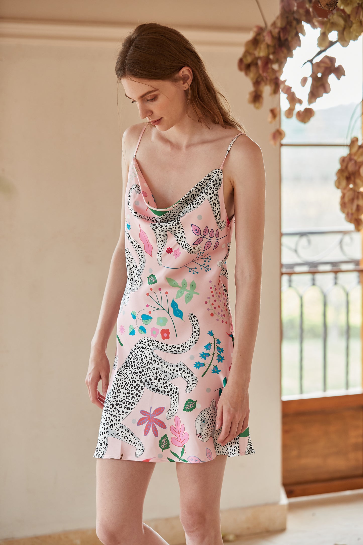 Pink Snow Leopard | Washable Ice Silk Nightgown – Lightweight Summer Loungewear