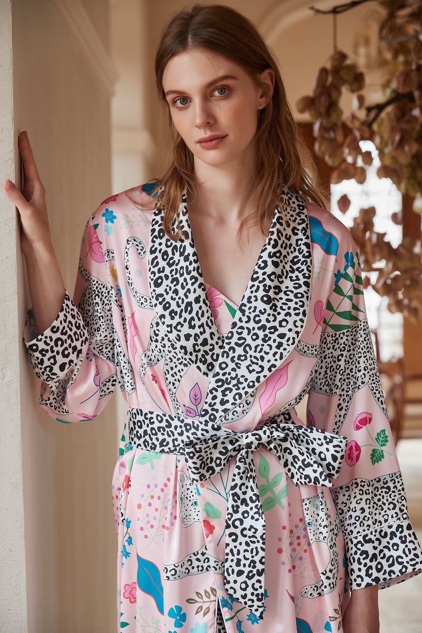Pink Snow Leopard | Washable Ice Silk Robe – Lightweight Summer Loungewear