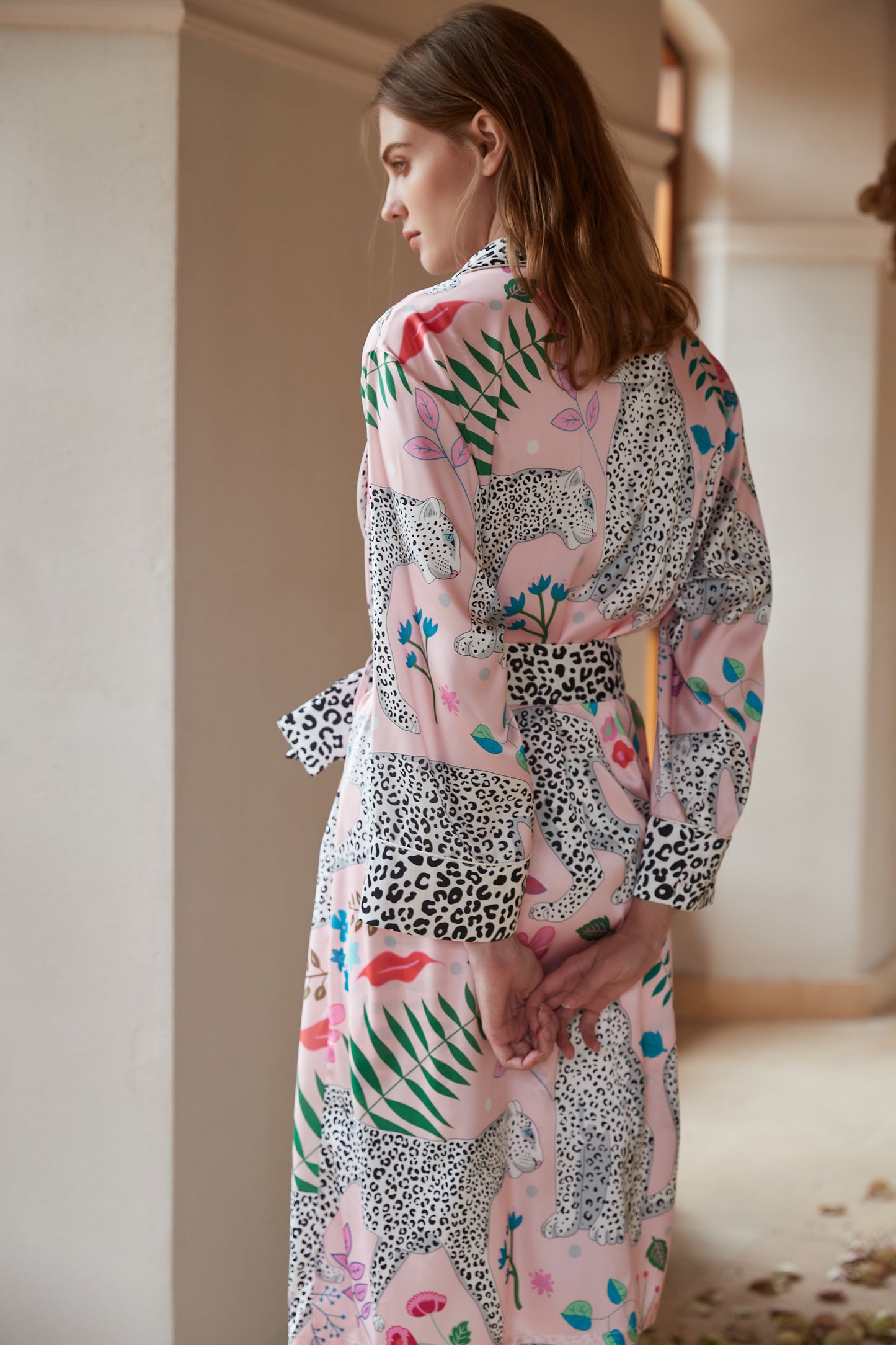 Pink Snow Leopard | Washable Ice Silk Robe – Lightweight Summer Loungewear
