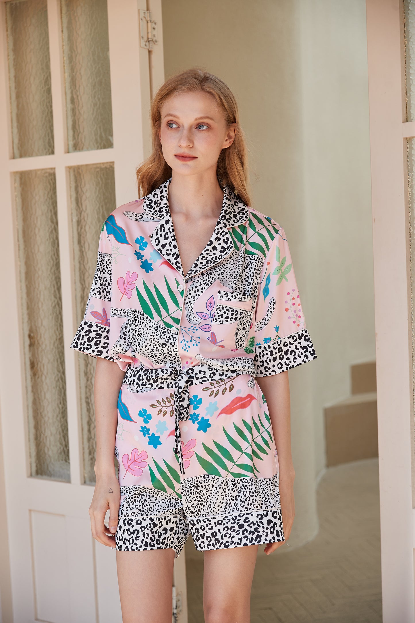 Pink Snow Leopard | Washable Cooling Silk Summer Pajama Set