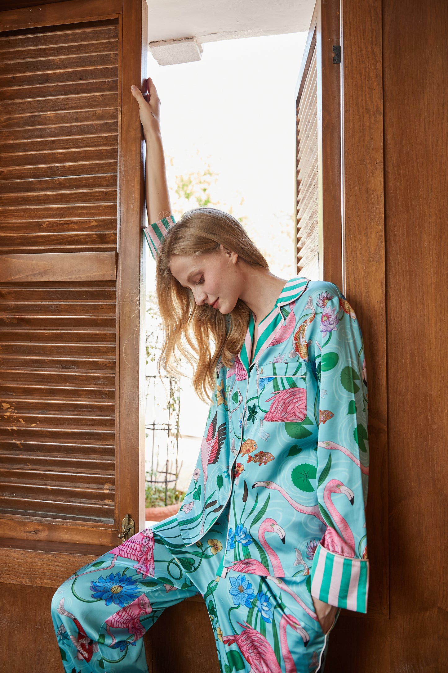 Flamingo | Women's Ice Silk Long Sleeve Pajama Set