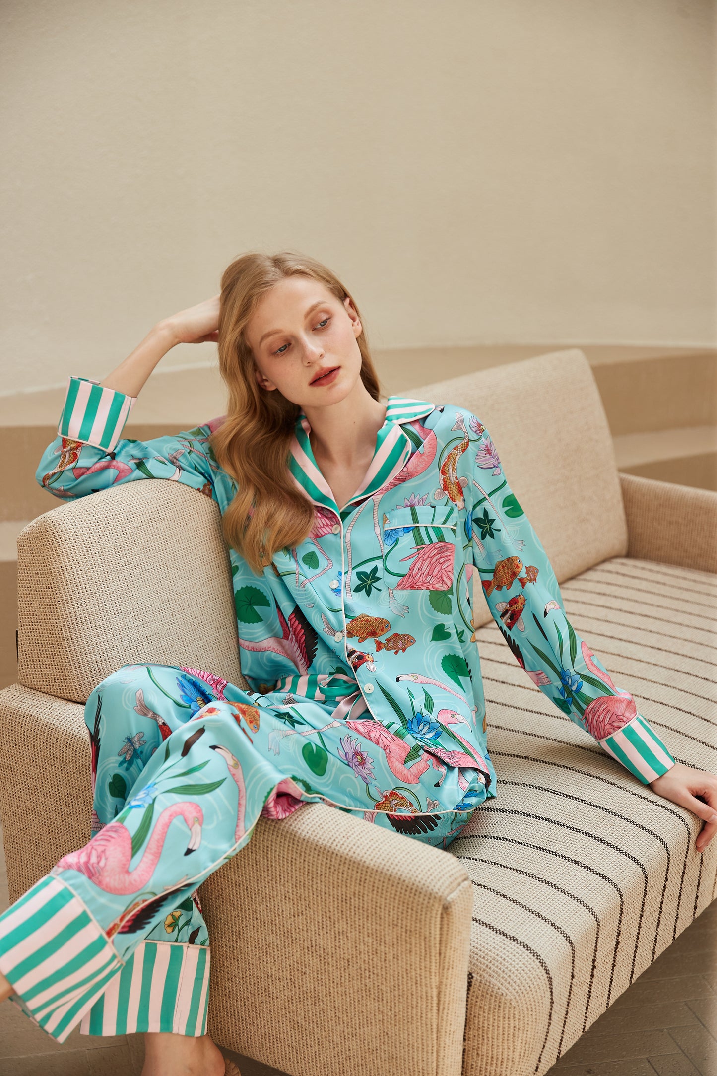 Flamingo | Women's Ice Silk Long Sleeve Pajama Set