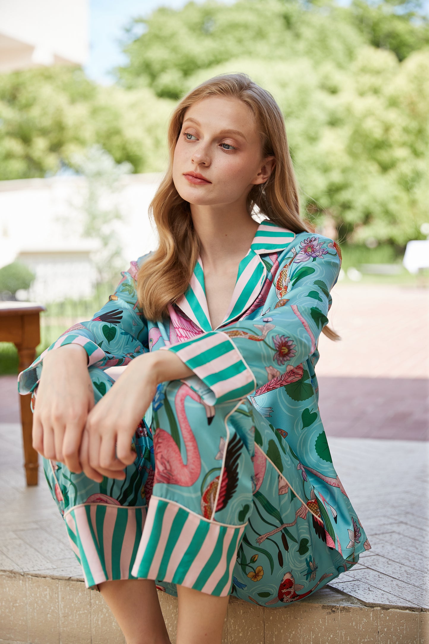 Flamingo | Women's Ice Silk Long Sleeve Pajama Set
