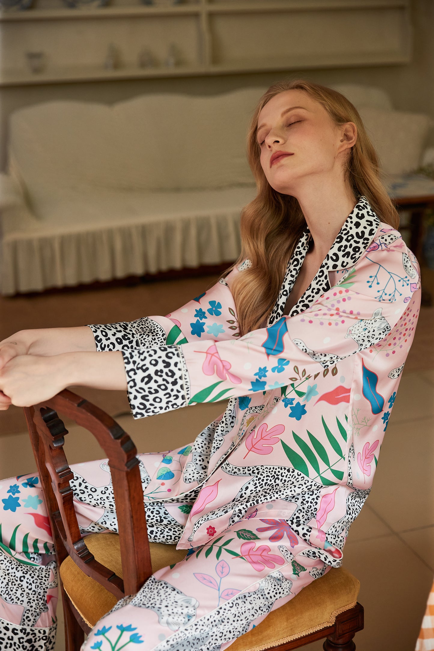 Pink Snow Leopard | Washable Cooling Silk Long Pajama Set